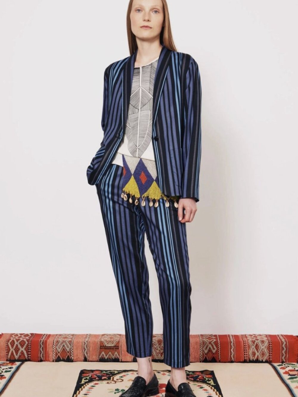 NWT Raquel Allegra 2 Pc Suit Set: Jai Blazer & Matching Pants Blue & Gold Stripe